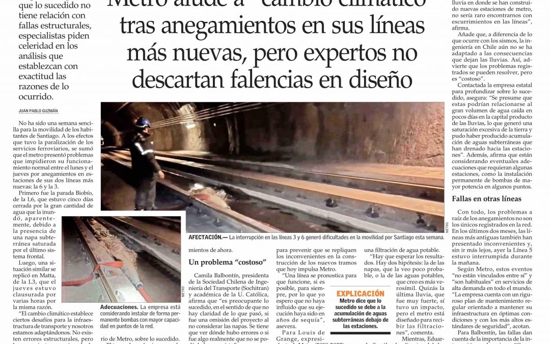 El Mercurio | Metro alude a “cambio climático” tras anegamientos en sus líneas más nuevas, pero expertos no descartan falencias en diseño